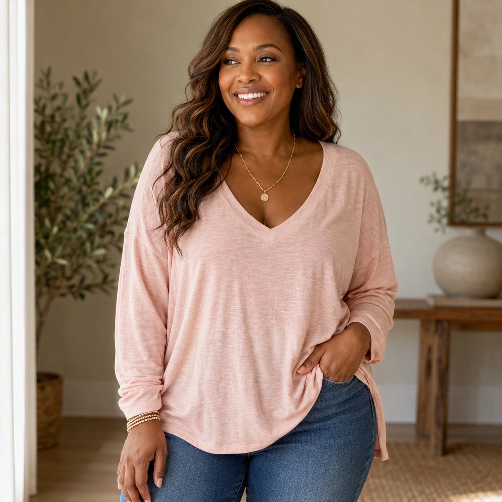 Old Navy Womens XXL Pink Heathered V-Neck Long Sleeve Relaxed T-Shirt NWT